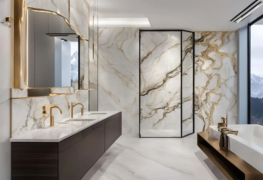 A luxurious bathroom featuring a double sink vanity with gold faucets, a large mirror with gold accents, a glass-enclosed shower with marble walls, and a freestanding bathtub with a view of mountains through a large window.