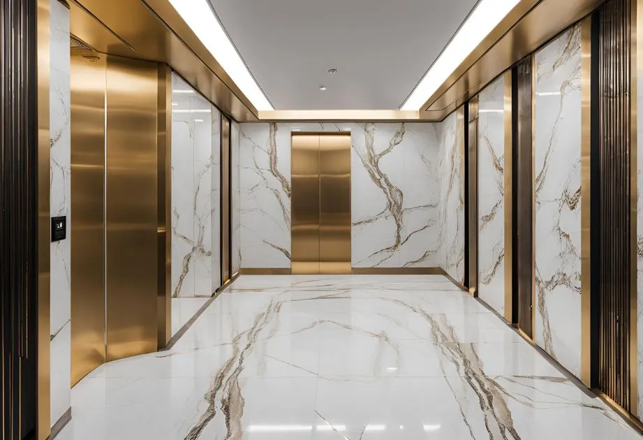 Luxurious elevator featuring elegant gold and marble floors and walls, exuding sophistication and style.