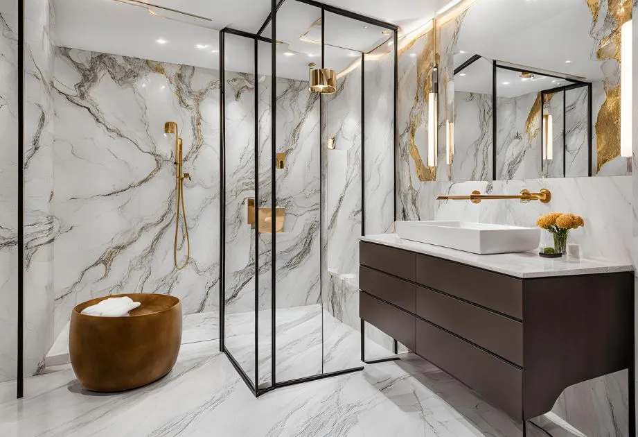 A luxurious bathroom with marble walls and floors, featuring a glass-enclosed shower with gold fixtures, a modern vanity with a white sink, and a large mirror. The bathroom is decorated with gold accents and a small vase of flowers on the vanity.