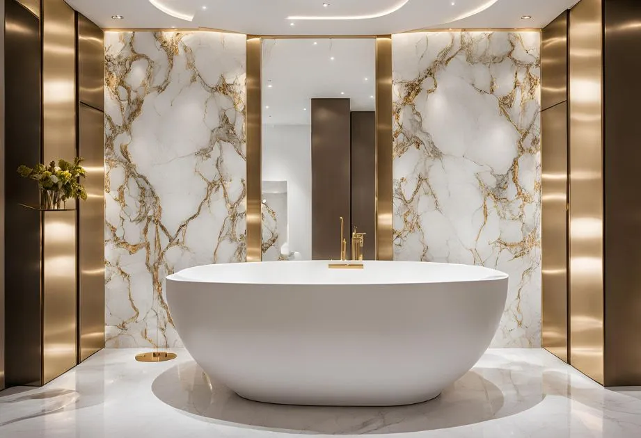 A luxurious bathroom featuring a large, white, freestanding bathtub centered against a backdrop of white marble walls with gold veining. The room is accented with gold fixtures and trim, including a gold faucet and gold paneling on the walls. The floor is made of polished white marble, and there is a small shelf with a vase of flowers on the left side. The lighting is soft and recessed, creating a warm and elegant ambiance.