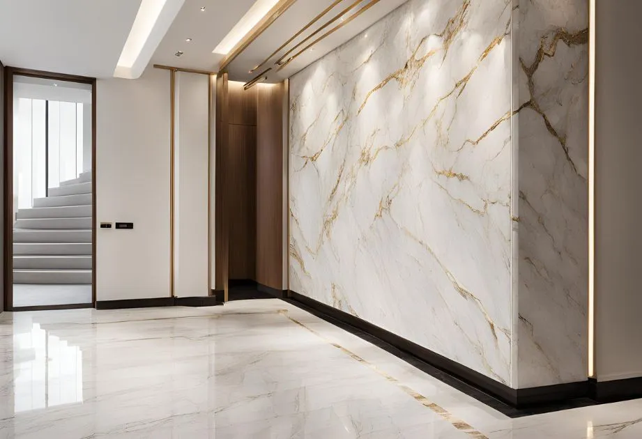 The walls and floors feature large marble tiles with striking gold veining, illuminated by recessed lighting. There's a doorway leading to a staircase with white steps on the left side. The overall aesthetic is elegant and sophisticated, with high-end materials and finishes.