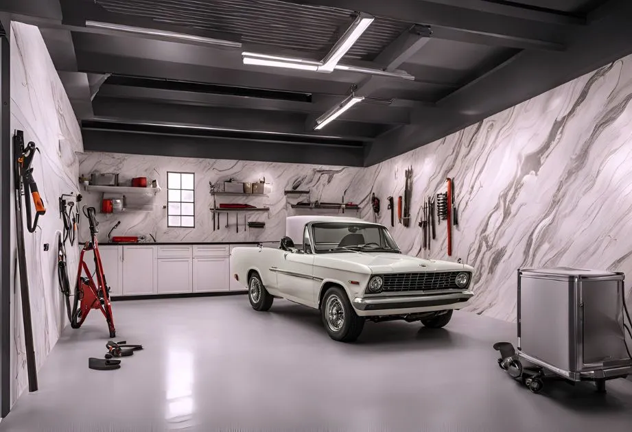 Image of a modern garage featuring Alpine White Granite Effect wall panels in high gloss, reflecting light and creating a spacious feel.