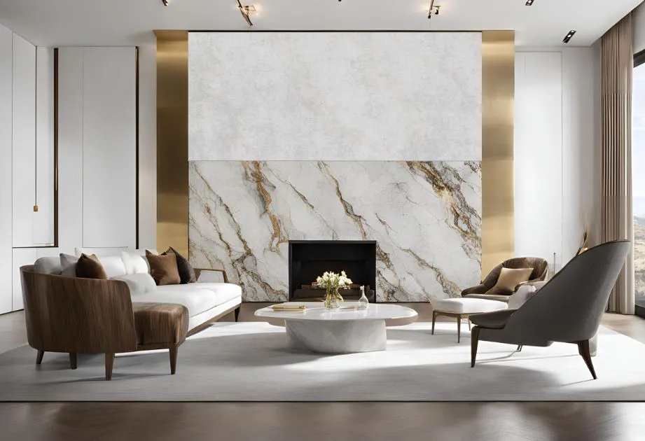 Elegant living room with marble walls and gold accents, creating a luxurious and sophisticated atmosphere.