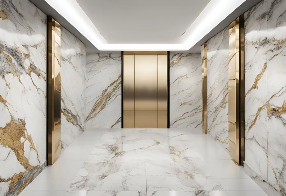 A luxurious elevator lobby with marble walls and floors featuring gold veins and three gold-colored elevator doors.