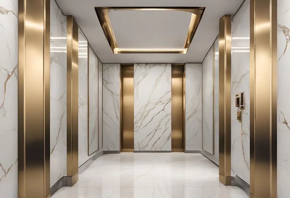 Luxurious elevator interior featuring high-gloss Alpine white granite effect wall panels with warm gold veining. Gold metallic accents frame the panels and outline the ceiling design, adding elegance and sophistication. The glossy white flooring reflects the soft lighting, enhancing the refined, upscale ambiance.