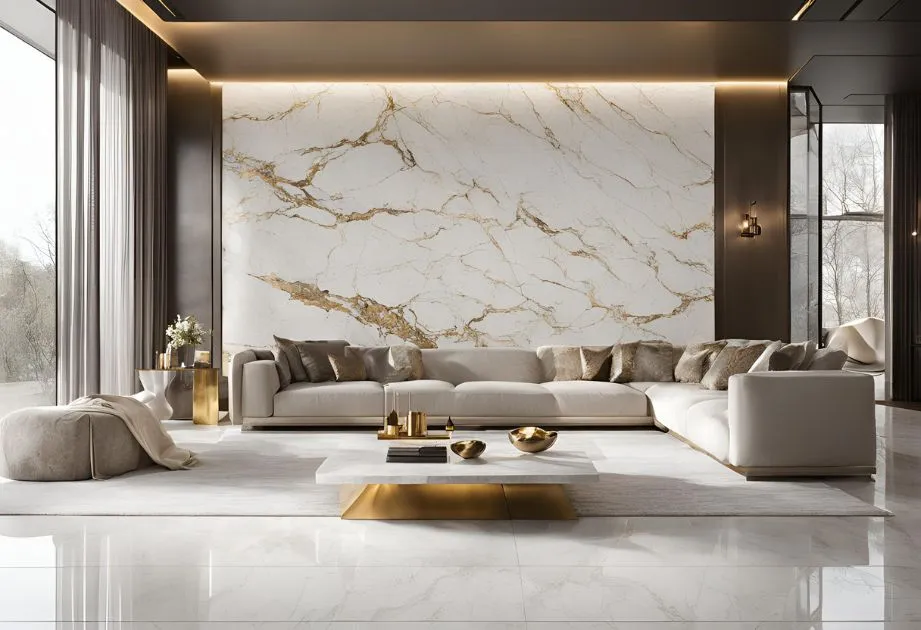 A luxurious living room with a large white sectional sofa, a marble accent wall with gold veining, a modern coffee table with gold accents, and large windows with sheer curtains. The room features a neutral color palette with gold decorative elements and a plush ottoman.