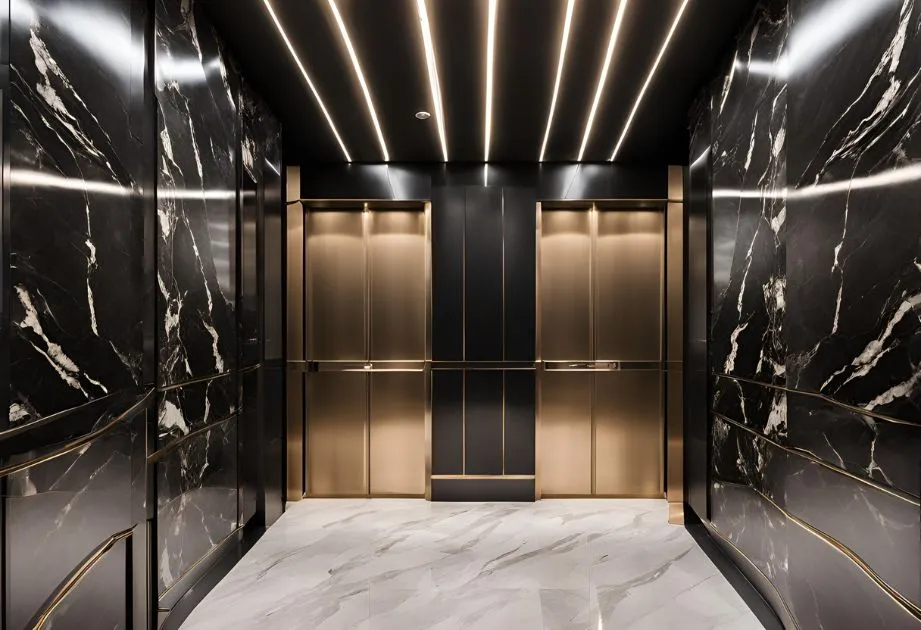 Elevator with black marble walls and gold accents, reflecting elegance and sophistication in its interior design.