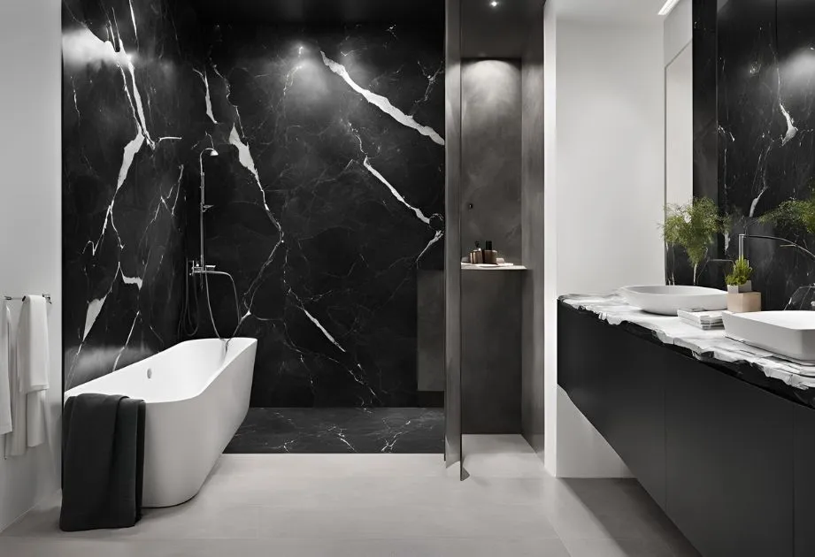 Dramatic Argos black breccia marble effect wall panels with a matte finish, perfect for making a statement in any interior design project.