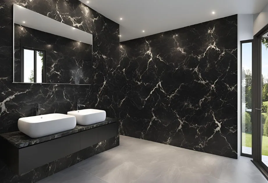 Modern bathroom with black marble walls, double white sinks on a black marble countertop, large mirror, and large window with a view of greenery.