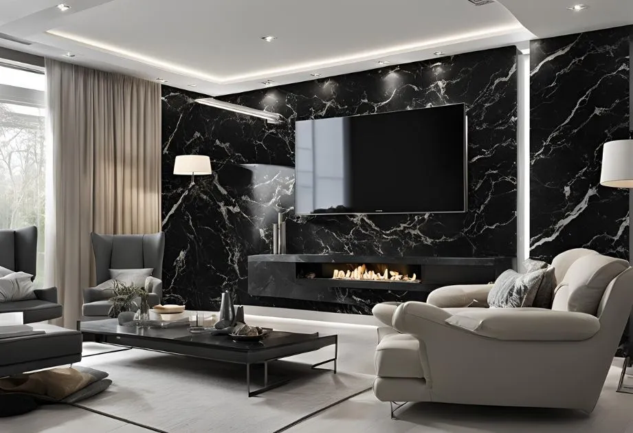 A modern living room with a black marble accent wall featuring a large flat-screen TV and a linear fireplace. The room includes a mix of contemporary furniture, such as a white armchair, a dark gray sofa, and a sleek black coffee table. The space is well-lit with recessed ceiling lights and a floor lamp, and large windows with beige curtains allow natural light to enter.