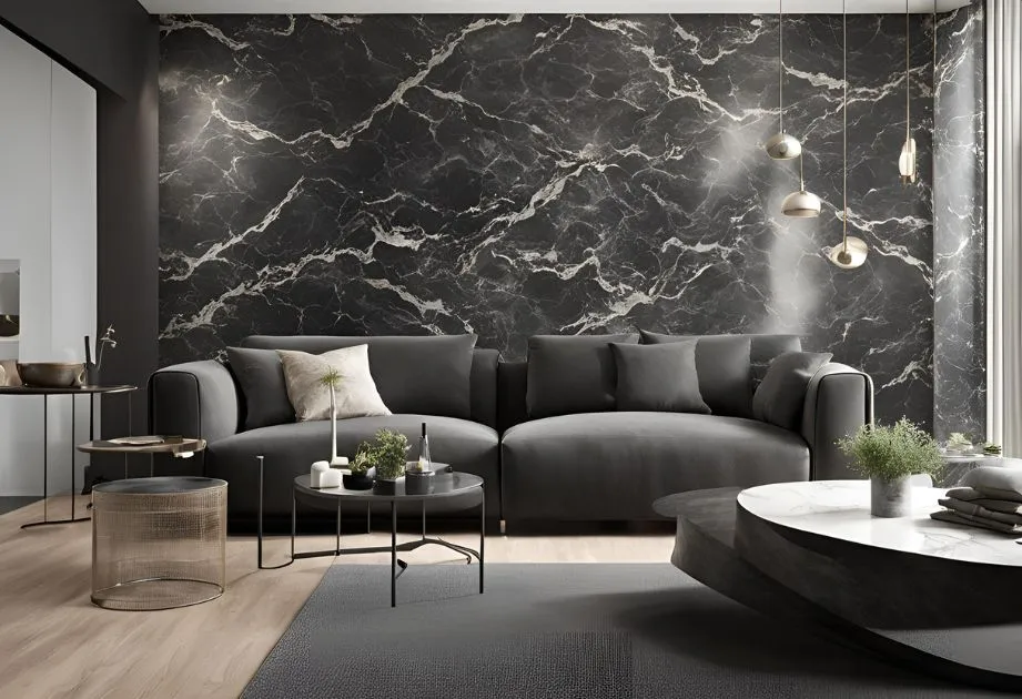 Modern living room with black marble walls, elegant and contemporary, reflecting a sophisticated style.