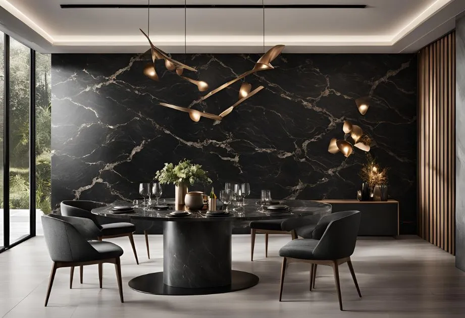 The image shows a modern dining room with a sophisticated and elegant design. The room features a round black marble dining table with a matching base, surrounded by six upholstered chairs with wooden legs. The table is set with glassware, plates, and a centerpiece of flowers in a vase. The backdrop is a striking black marble wall with white veining, adding a luxurious touch to the space. Above the table hangs a contemporary chandelier with multiple gold-toned light fixtures, providing a warm and stylish illumination. To the right, there is a sideboard with decorative items, including a vase with dried plants. The room has large floor-to-ceiling windows on the left, allowing natural light to flood in and offering a view of greenery outside. The overall ambiance is modern, elegant, and inviting.