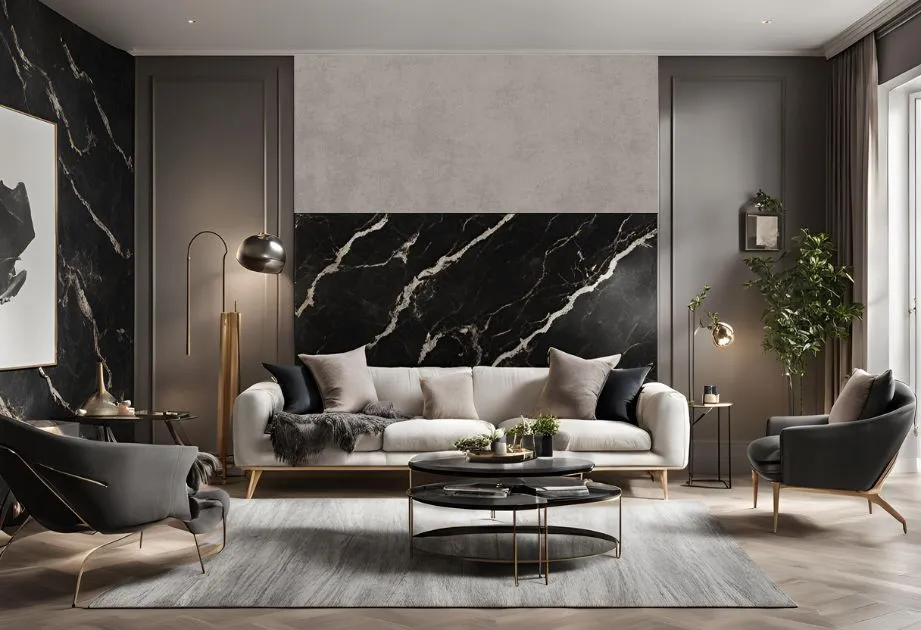 A contemporary living room featuring elegant black and white marble walls, showcasing a stylish and sophisticated design.