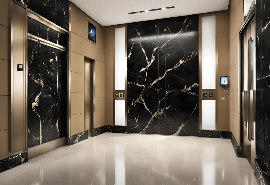 A luxurious elevator featuring elegant marble walls and sleek black doors, creating a sophisticated atmosphere.