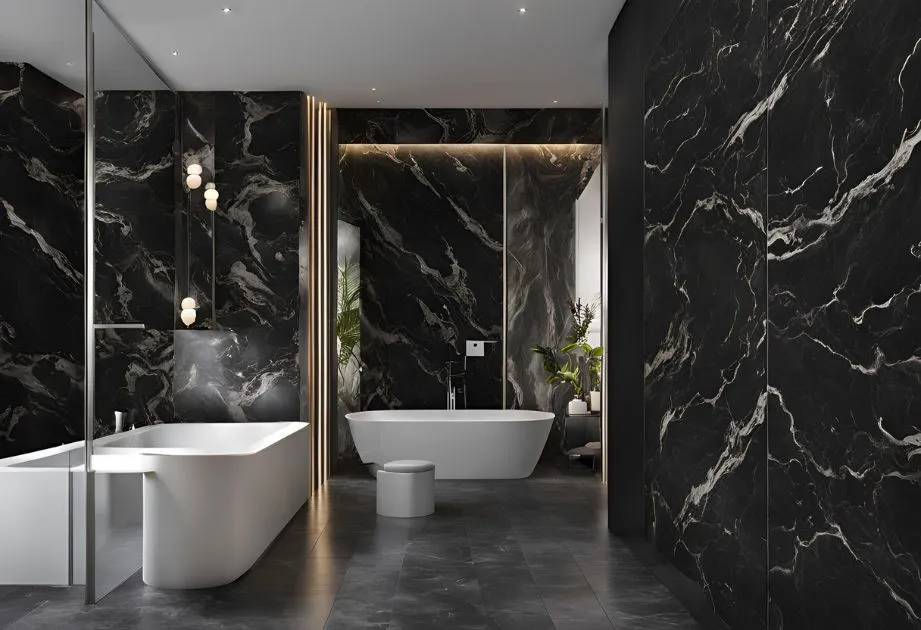 A modern bathroom with black marble walls and floor, featuring a white freestanding bathtub, a white rectangular bathtub, and a small white stool. The room is illuminated with recessed lighting and decorative pendant lights. There are also some plants visible in the background.