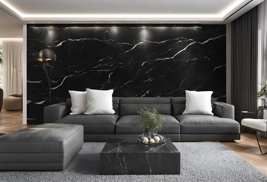 A modern living room with a black marble accent wall, a gray sectional sofa with white pillows, a matching gray ottoman, and a black marble coffee table with a glass vase containing green plants and decorative stones. The room features a floor lamp, recessed ceiling lights, and large windows with dark curtains. The floor is covered with a light gray rug, and there is a glimpse of another room with wooden flooring and white curtains in the background.