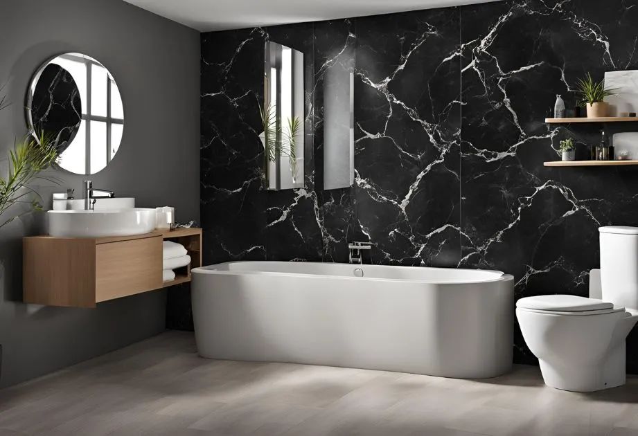 Modern bathroom with black marble walls and floor, creating an elegant and sophisticated atmosphere.