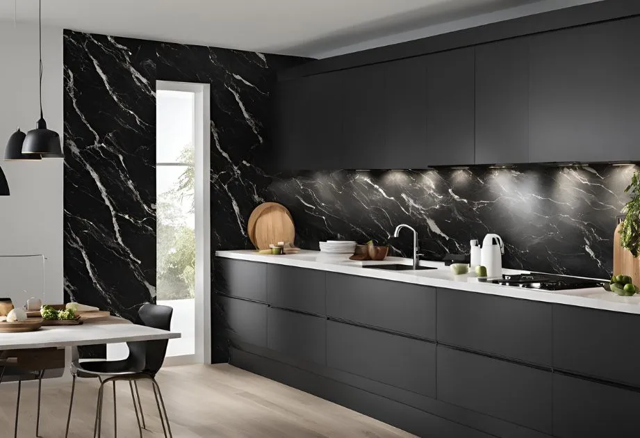 Modern kitchen with black marble walls and black cabinets, creating a sleek and contemporary ambiance.