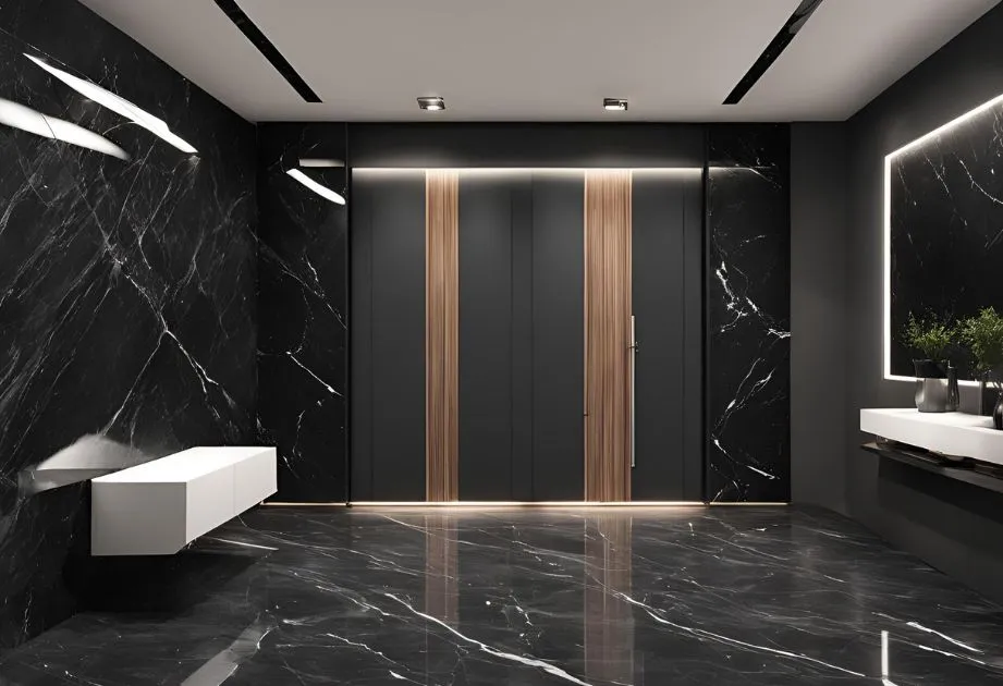 A modern and elegant elevator with sleek black marble walls and floors, showcasing a luxurious and contemporary design.