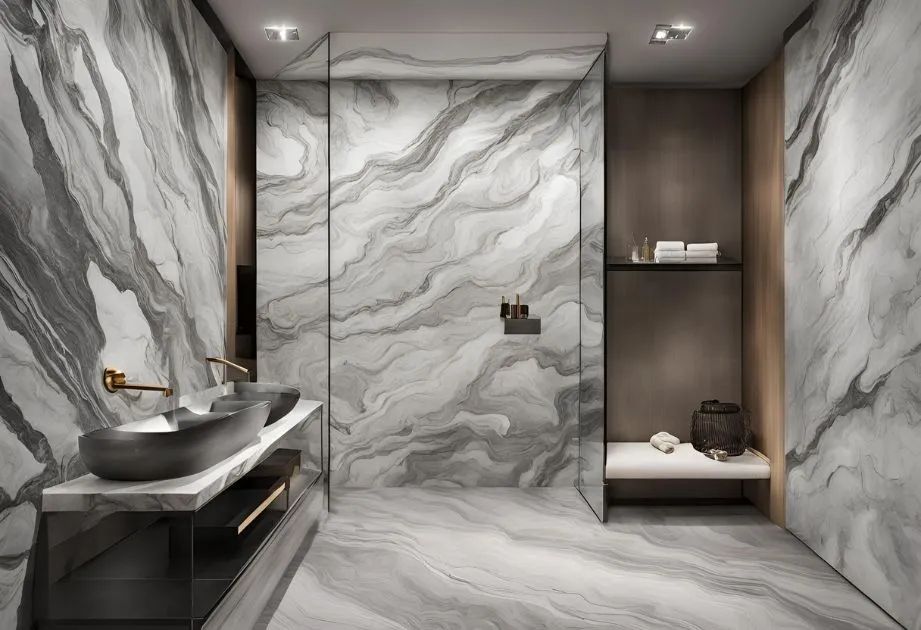 A modern bathroom with marble-patterned walls and floor, featuring a double sink with gold faucets, a glass-enclosed shower area, and a built-in shelf with towels and toiletries.