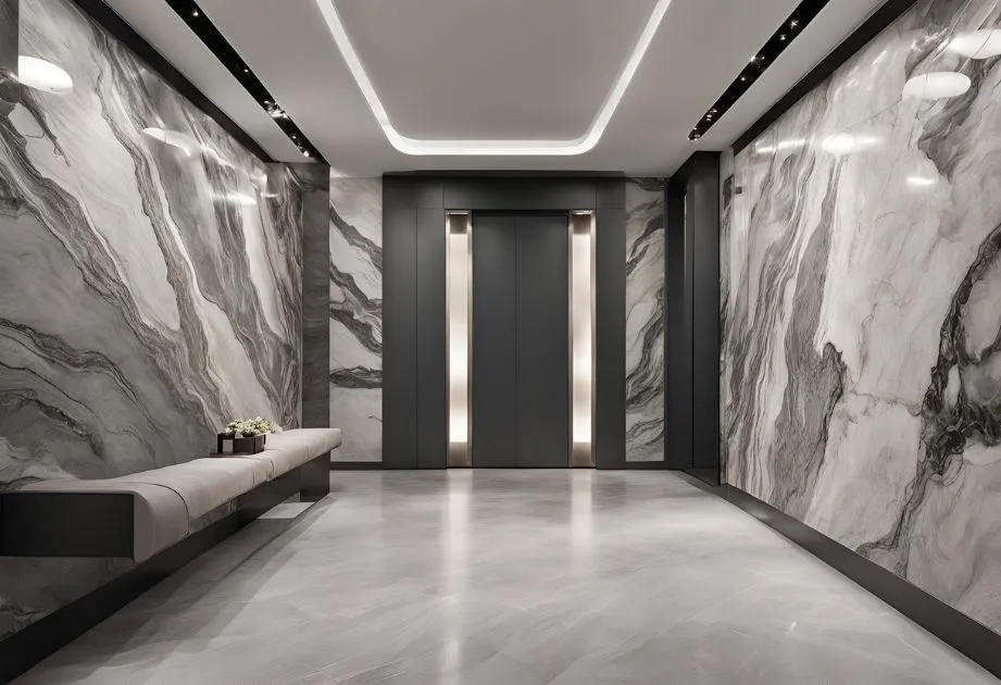 An elevator with elegant marble walls and a stylish bench, creating a sophisticated atmosphere.