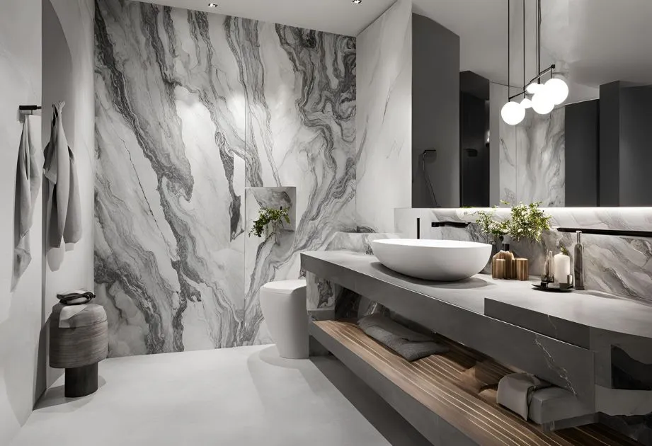 The image shows a modern, luxurious bathroom with a sophisticated design. The bathroom features a large, marble-patterned wall with gray and white swirls, which serves as a striking focal point. There is a white, oval-shaped vessel sink placed on a sleek, gray countertop. The countertop extends to form a floating vanity with wooden slats underneath for storage, holding neatly folded towels. Above the sink, there is a large mirror with integrated lighting, and a set of three spherical pendant lights hanging from the ceiling. The bathroom also includes a white, modern toilet and a small niche in the marble wall holding a plant. On the left side, there are two gray towels hanging on a rod, and a decorative stool with a towel on top. The overall design is minimalist and elegant, with a focus on clean lines and high-quality materials.