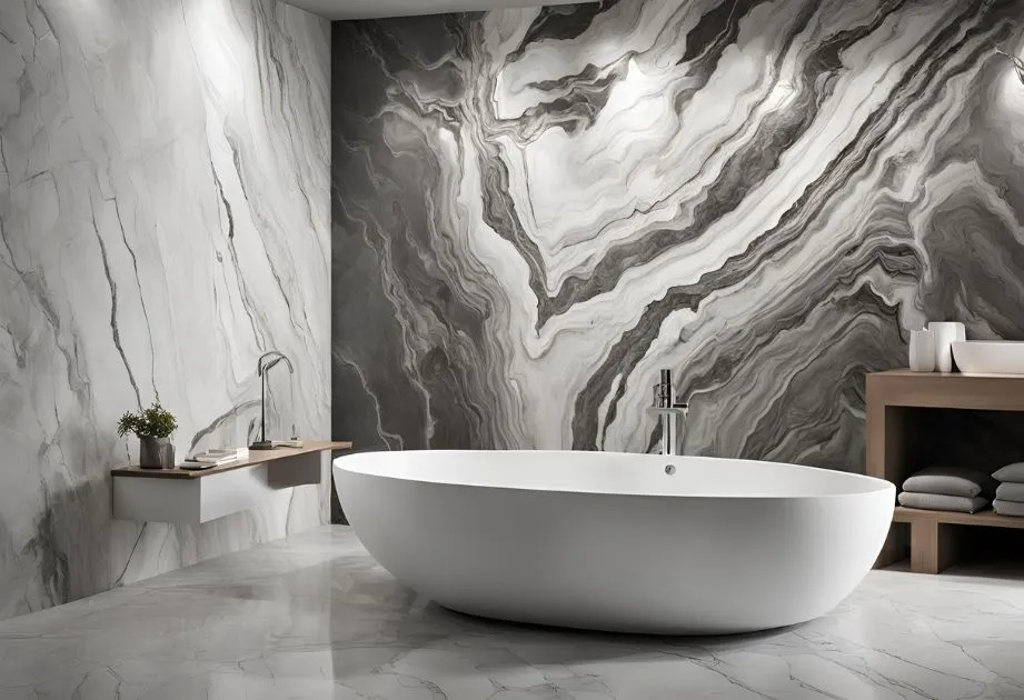 The image shows a modern bathroom with a luxurious design. The focal point is a large, freestanding white bathtub placed in the center of the room. The walls and floor are adorned with marble tiles featuring intricate, swirling patterns in shades of gray and white. To the left, there is a floating wooden shelf with a potted plant and a faucet. On the right, there is a wooden shelf unit with neatly folded towels and a few decorative items. The lighting is soft and ambient, highlighting the textures and patterns of the marble. This image is interesting and relevant as it showcases a high-end, contemporary bathroom design that emphasizes elegance and sophistication.