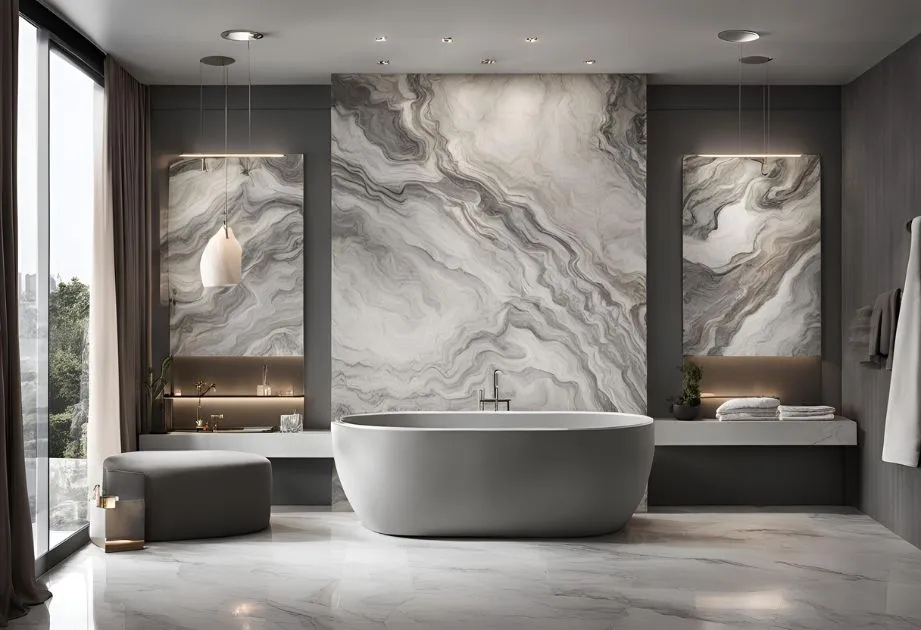 A modern bathroom with a large freestanding bathtub centered against a wall with a striking gray and white marble pattern. The room features two large mirrors on either side of the bathtub, each with a pendant light hanging above. There is a small cushioned stool on the left and a towel rack on the right. The floor is made of polished marble tiles, and there is a large window with beige curtains on the left side, allowing natural light to fill the space.