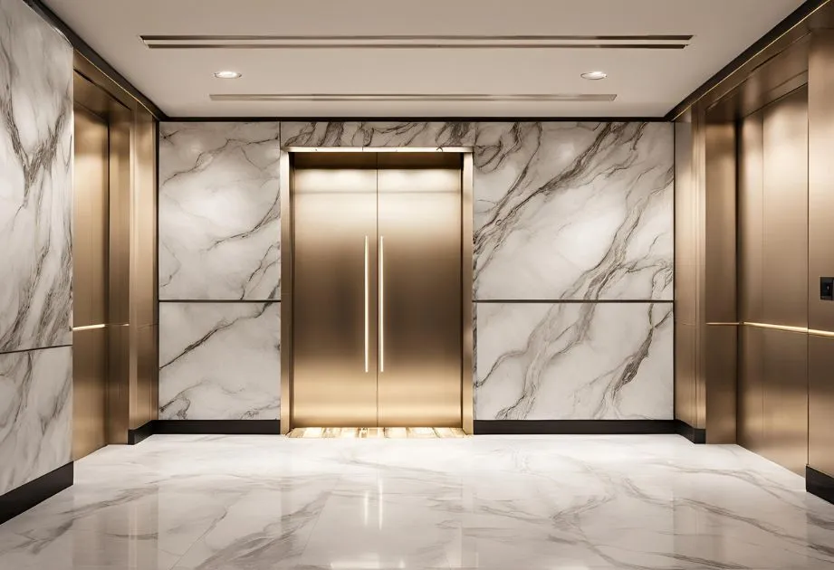 Modern elevator with golden doors and marble walls, reflecting elegance and sophistication in its design.