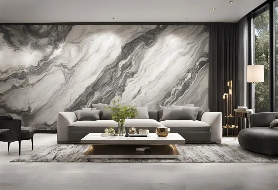 Elegant living room with marble walls and sophisticated furniture, creating a luxurious and cozy atmosphere.