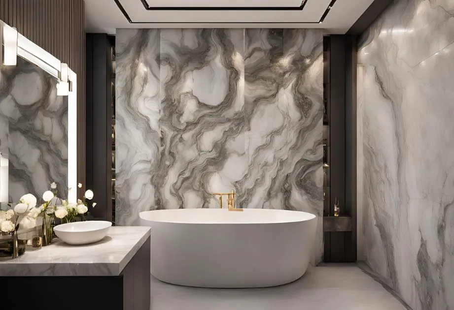 A luxurious bathroom featuring a freestanding white bathtub with a gold faucet, set against a backdrop of elegant, swirling gray and white marble walls. The bathroom also includes a marble countertop with a white vessel sink and decorative flowers, and a large mirror with modern lighting fixtures.