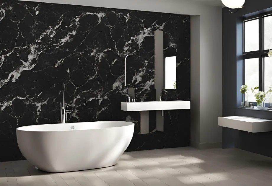 A modern bathroom with a freestanding white bathtub, a black marble accent wall, a floating white sink with a tall mirror, and a window with potted plants on the sill.