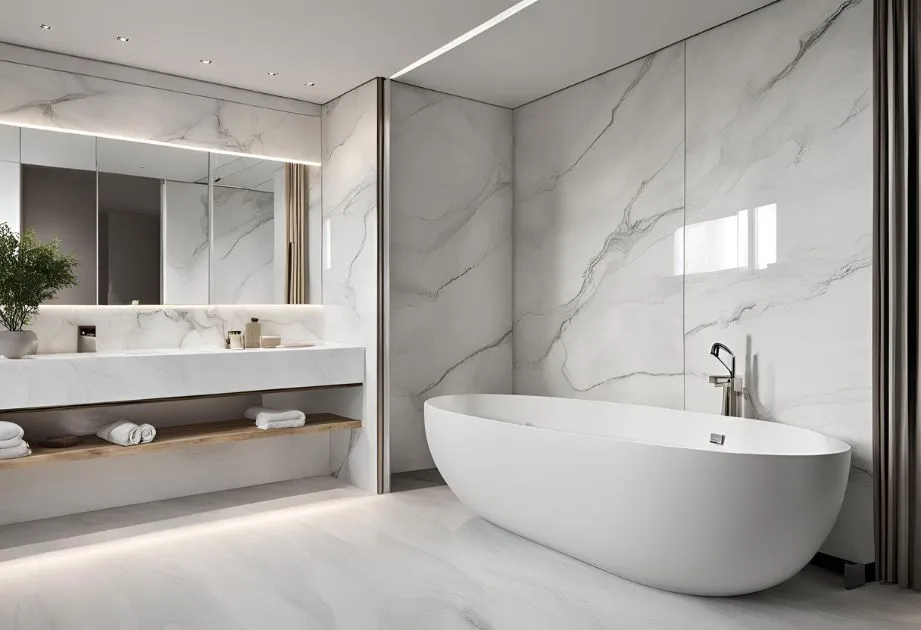 A modern bathroom with a freestanding white bathtub, marble walls, and a large mirror above a floating vanity with a wooden shelf underneath. The bathroom has a minimalist design with clean lines and a neutral color palette.