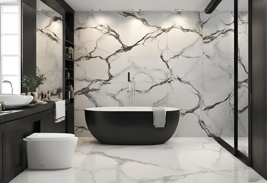 A modern bathroom with a black freestanding bathtub against a wall with large white marble tiles featuring black veining. The bathroom includes a white toilet, a black vanity with a white sink, and a large mirror. There are shelves with toiletries and a towel hanging on the vanity. The floor is also covered with white marble tiles with black veining. The overall design is sleek and contemporary.