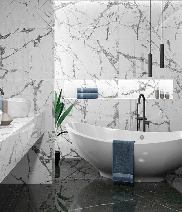 Upgrade your bathroom with Alpine White granite wall panels, high gloss finish.