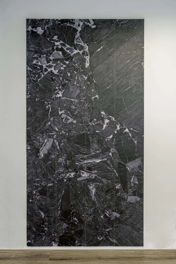 Upgrade your bathroom with Argos Black Breccia marble wall panels, matte finish.