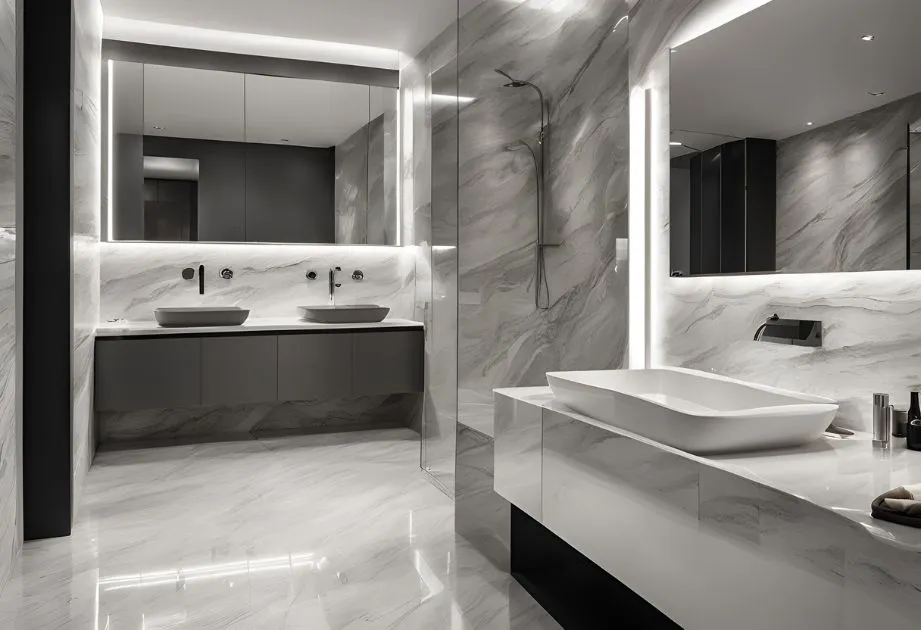 Modern bathroom with marble countertops and sink, reflecting elegance and sophistication in its contemporary design.