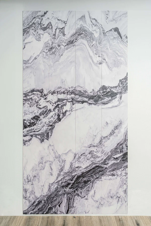 Creative bathroom wall paneling ideas with Avalanche marble effect, matte finish.