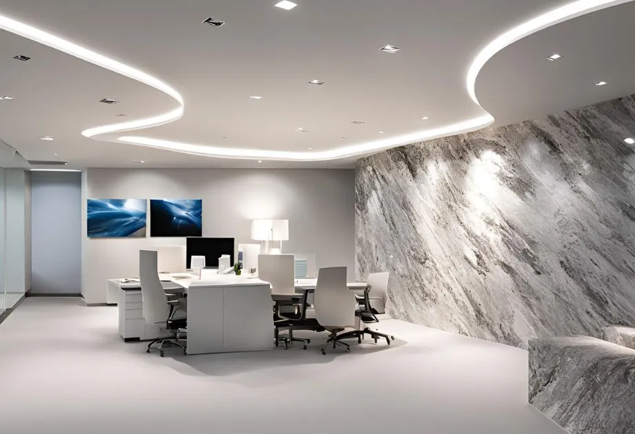 Modern office with marble walls and a large curved wall, reflecting a contemporary and elegant design.