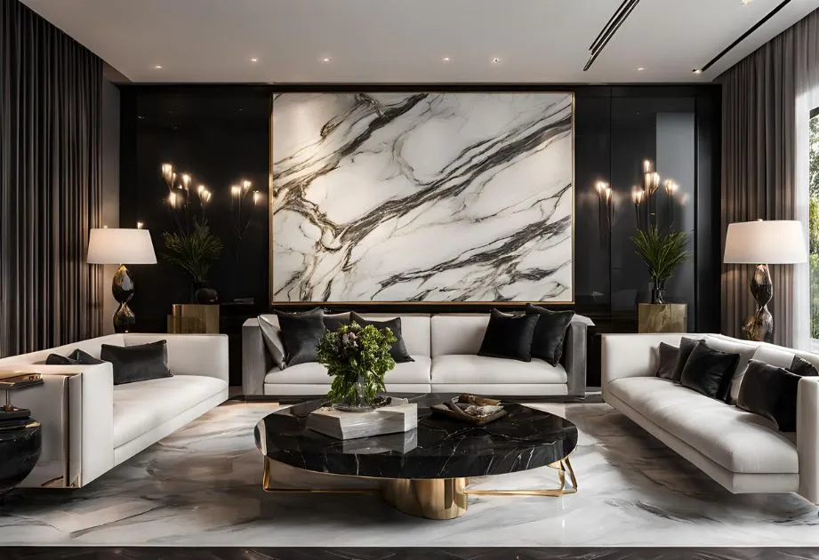 Modern living room with black and white marble, elegant and contemporary, with a minimalist and sophisticated design.