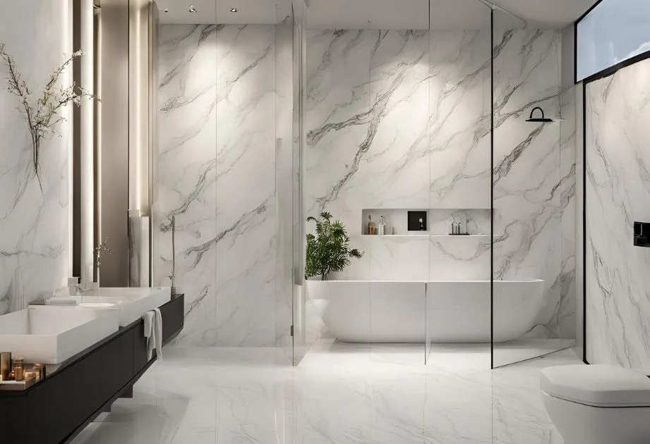 Modern bathroom with marble floors and white walls, reflecting elegance and sophistication in its design.