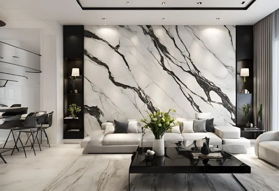 A modern living room with a large marble accent wall featuring black and white veining. The room includes a white sectional sofa with gray and white pillows, a black coffee table with decorative items, and built-in black shelves on either side of the accent wall. The shelves contain lamps, plants, and other decor. The floor is also marble with similar veining. In the background, there is a dining area with black chairs and a white table. The room is well-lit with recessed lighting and natural light from large windows covered with sheer curtains.