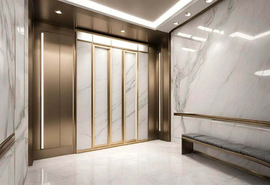 A luxurious elevator lobby with marble walls and floors, gold accents, and a cushioned bench.