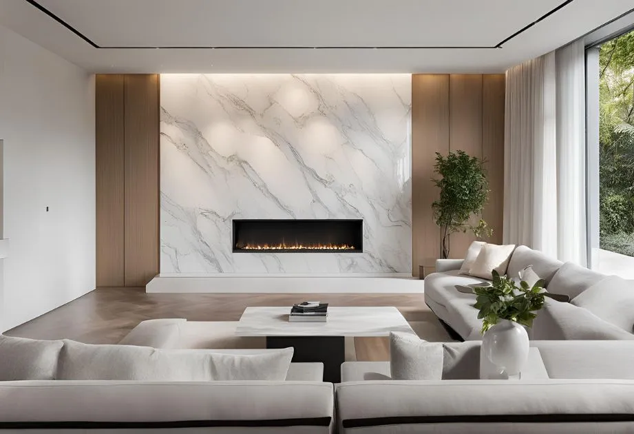 Modern living room with marble walls and an elegant fireplace, creating a cozy and sophisticated atmosphere.