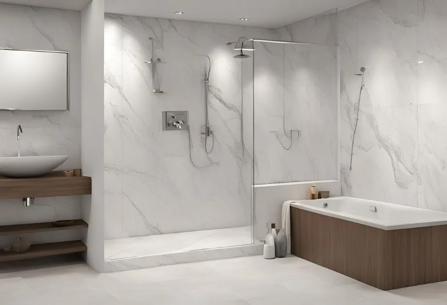 Timeless Blanco Macael marble effect wall panels with a matte finish, designed to bring a serene and clean look to your bathroom or shower area.