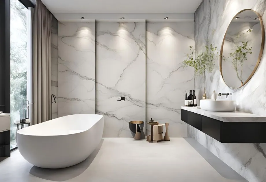 A modern bathroom with a freestanding white bathtub, marble walls, a round mirror with a gold frame, a floating vanity with a white sink, and decorative items including plants and bottles. The room has a minimalist design with neutral colors and natural light coming through a large window.