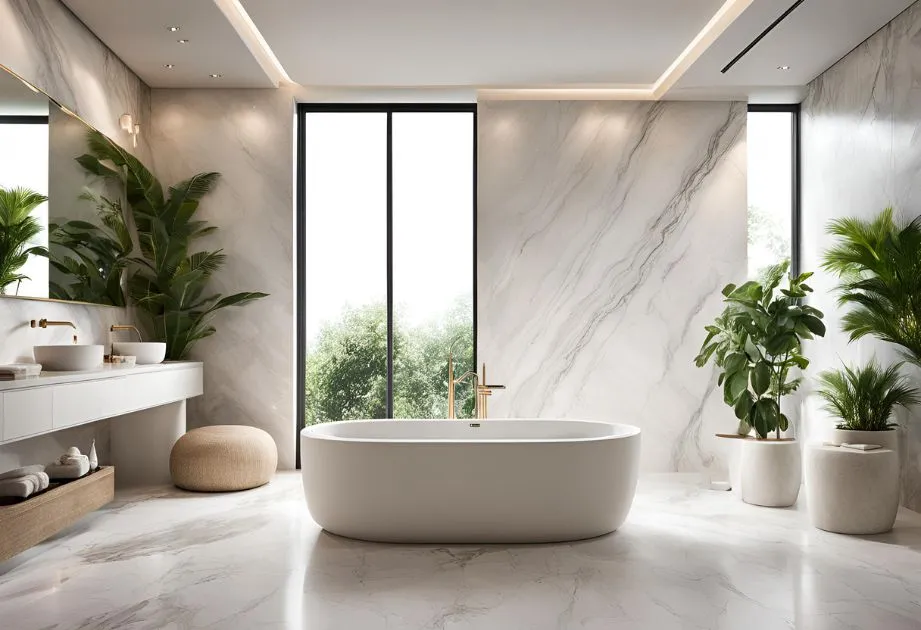 The image shows a modern, luxurious bathroom with a minimalist design. The bathroom features a freestanding oval bathtub in the center with a gold faucet. The walls and floor are covered in white marble with subtle gray veining. There are two large vertical windows that allow natural light to flood the space, providing a view of greenery outside. The vanity area on the left has two white sinks with gold fixtures, a large mirror, and a floating shelf underneath holding towels and other bathroom essentials. There are several large potted plants placed around the room, adding a touch of nature and freshness to the space. The ceiling has recessed lighting and a sleek, contemporary design. The overall aesthetic is clean, elegant, and serene, making it an inviting and relaxing environment.