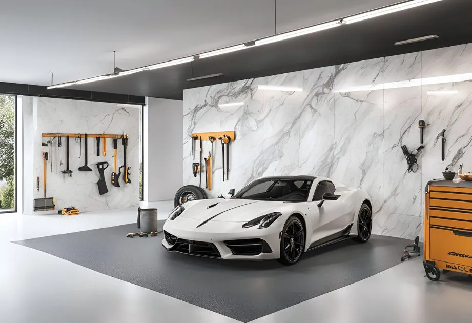 Elegant garage featuring Blanco Macael Marble Effect wall panels in a matte finish, providing a bright and minimalist aesthetic.