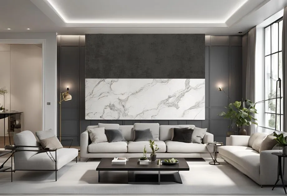 A contemporary living room featuring elegant marble walls and sleek white furniture, exuding sophistication and style.