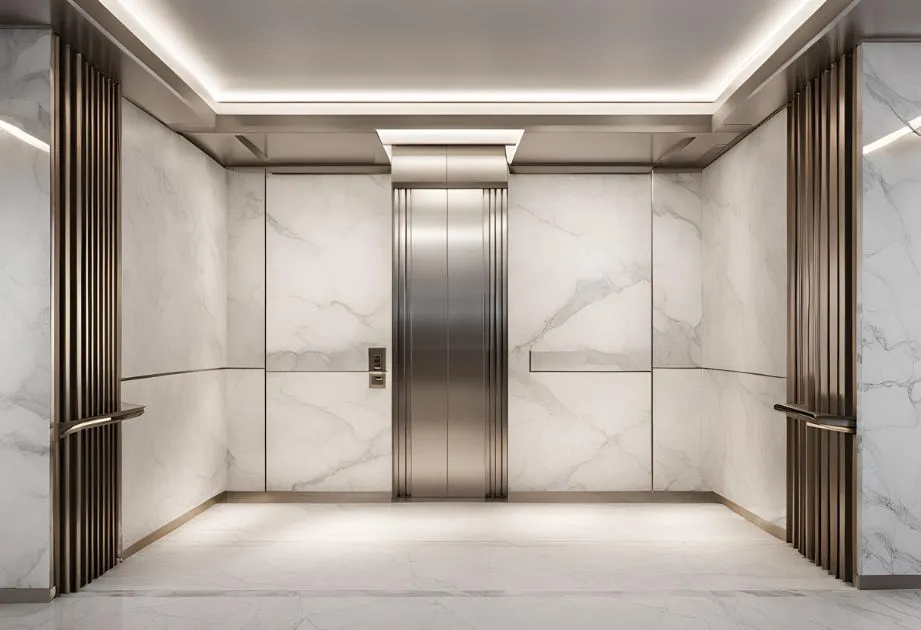 A sophisticated elevator interior showcasing marble walls and a shiny silver door, reflecting modern design aesthetics.